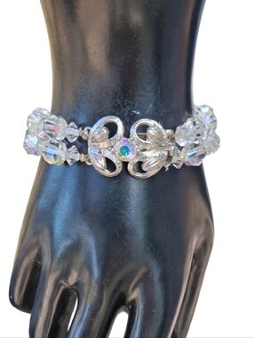 Mid-Century Aurora Borealis Crystal Bracelet Ornate Floral Clasp